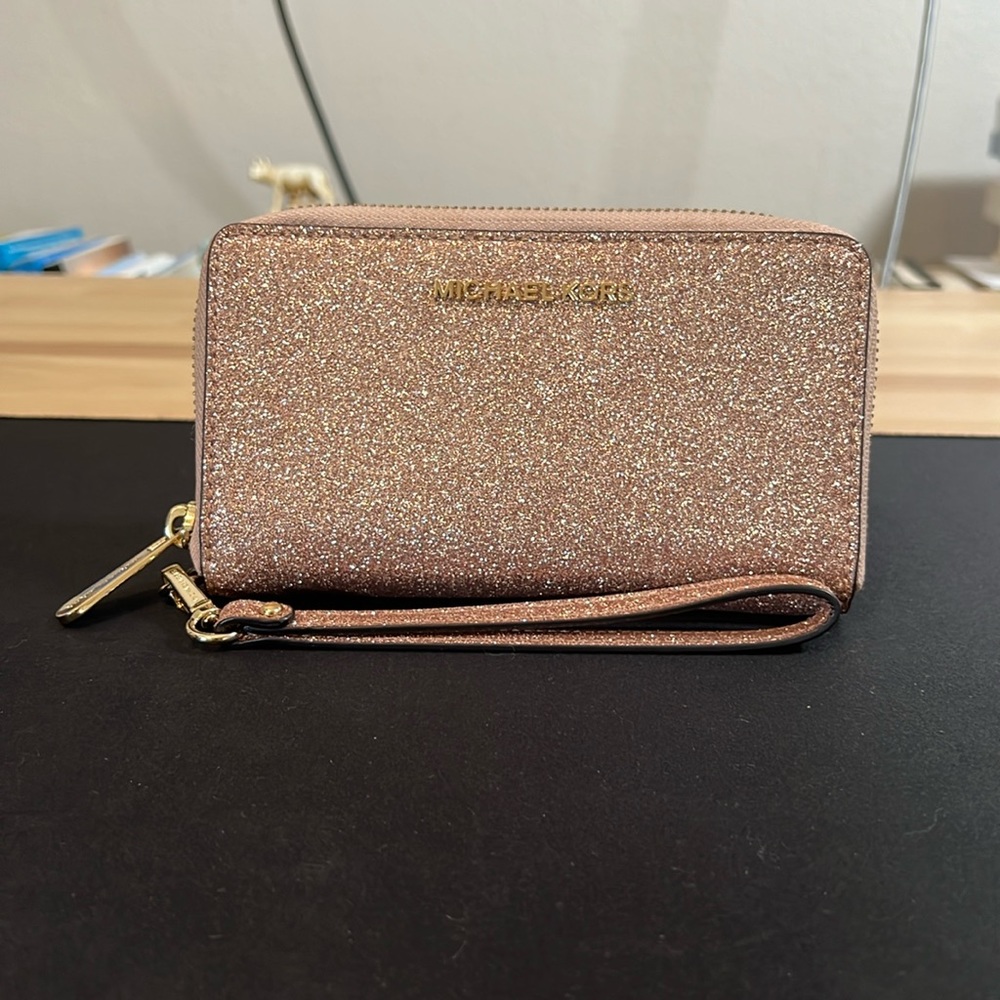 Michael Kors Glitter Leather Wristlet Wallet - Rose Gold, used